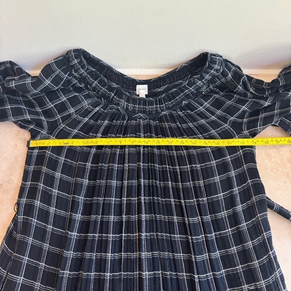 La Vie Rebecca Taylor Black Silver Plaid Long Sleeve Ruffle Womens Size S Belted - Picture 9 of 15